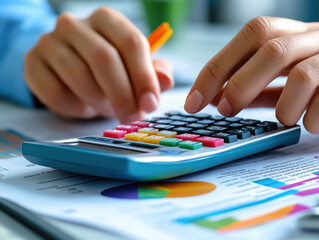 Close-up of hands using a calculator while analyzing financial reports and charts, highlighting budgeting and accounting tasks.