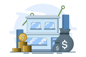 Real estate concept and stack of coins. saving money for a house, property financing concept, investing money. Investment in construction. Budget concept for construction. Web Vector Illustration.