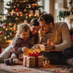 This heartwarming scene captures a delighted family celebrating Christmas together around a sparkling tree, unwrapping gifts and sharing smiles against a backdrop of festive decorations and soft light