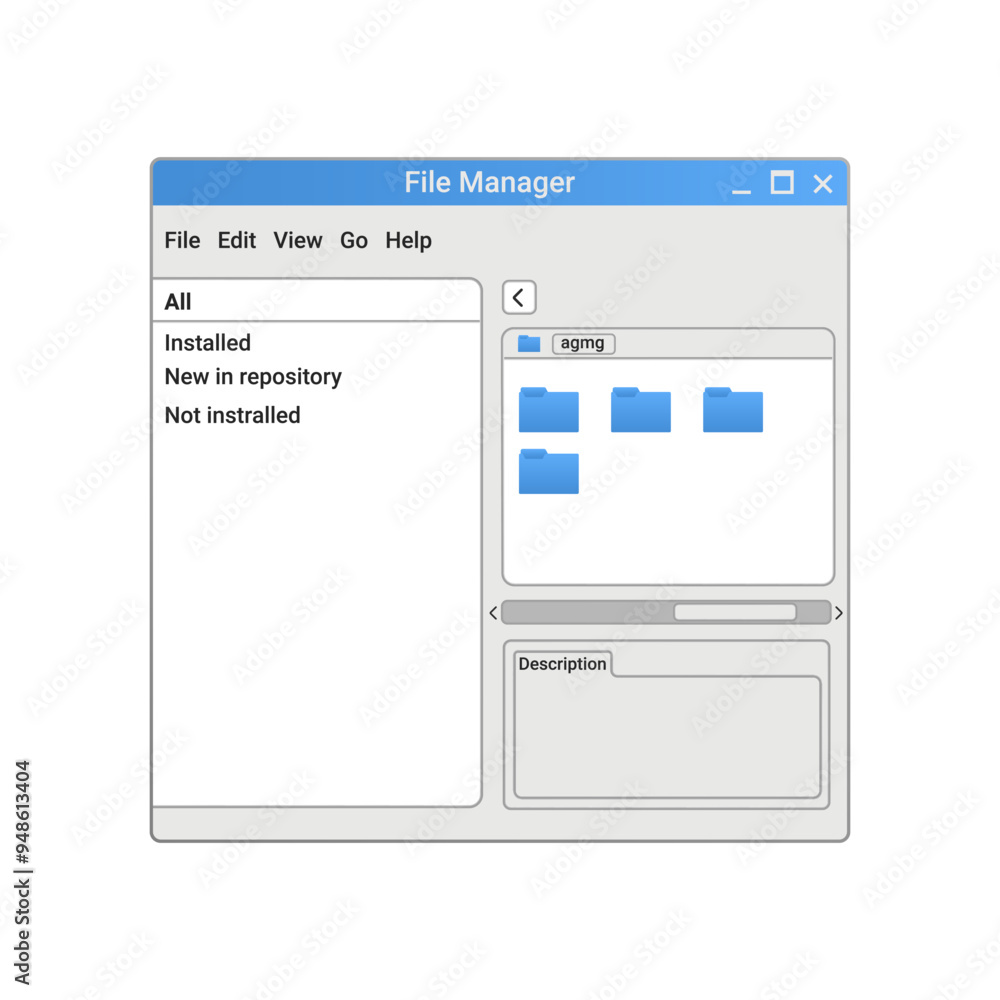 Poster Retro file manager program with blue files and folders on screen. Old computer explorer with settings.