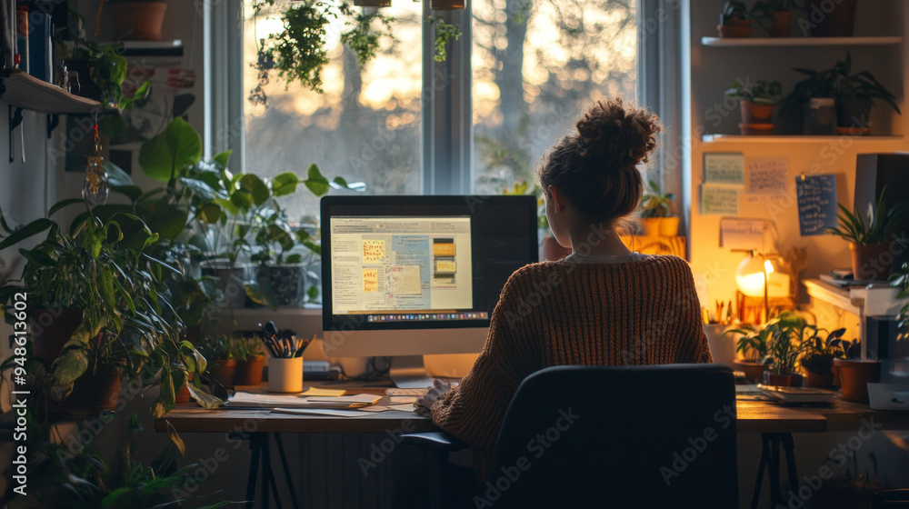 Poster a woman is sitting at a desk with a computer monitor in front of her