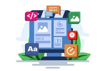 Concept of developer building a website Front-end user interface, UI UX, Software development, Web design, App design, Coding, Web development. Flat vector illustration on background.