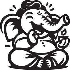 Indian God Ganapati Simple 2D Cute Single Characters with Silhouette Black and White Line Art with Low Details, Indian festival Ganesh Chaturthi black and White Lord Ganesh Character 