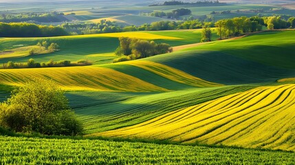 Obraz premium 153. **A picturesque farm landscape with rolling fields of green and yellow crops.