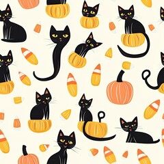 Playful Black and Orange Cats amid Halloween Decorations - Seamless Pattern for Spooky Fun