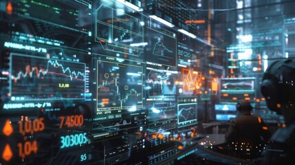 Create an intricate scene of a digital currency trading floor with real-time data feeds and holographic charts. Show traders using advanced technology to make transactions and analyze market trends. 