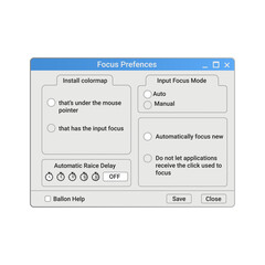 Old computer program with options in blue color on screen. Retro system program with settings.