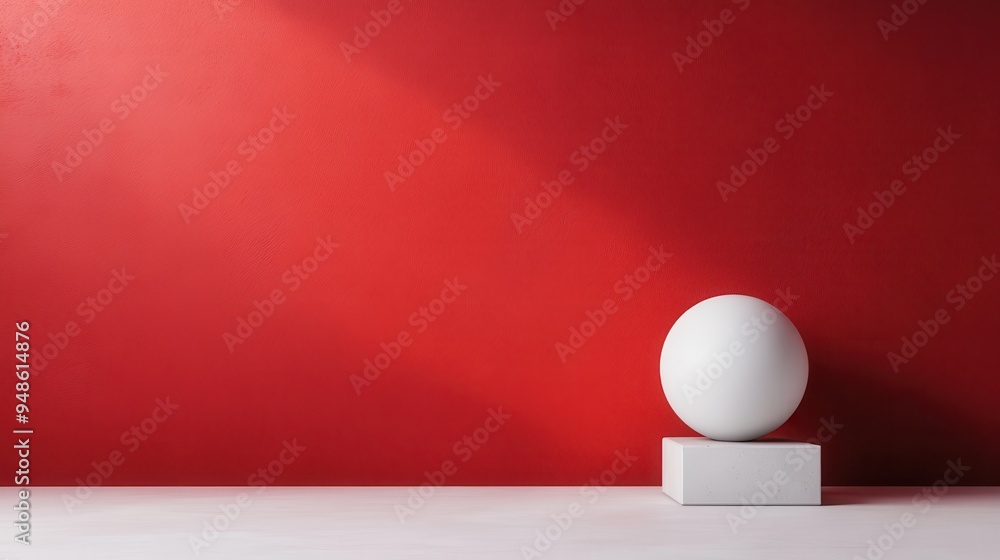 Poster an artistic composition showcasing a white sphere positioned on a small pedestal, set against a red 