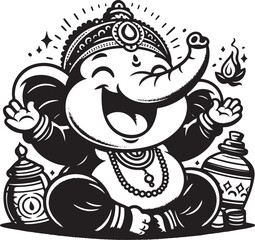 Indian God Ganapati Simple 2D Cute Single Characters with Silhouette Black and White Line Art with Low Details, Indian festival Ganesh Chaturthi black and White Lord Ganesh Character 