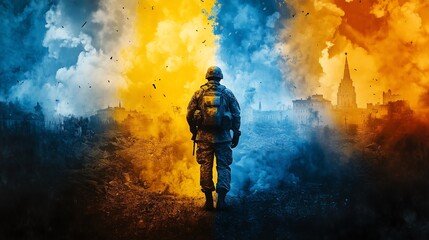 Fototapeta premium Ukraine's Independence Day. The theme of war comparison with peaceful life