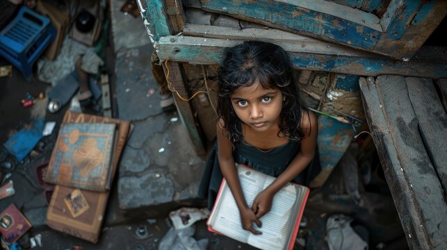 Young girl from slum with school books