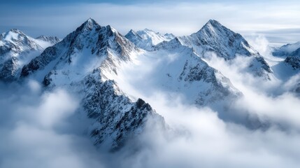 Fog enshrouds a beautiful snow-capped mountain range, adding an air of mystery and awe to the rugged peaks, highlighting the grandeur and remote beauty of nature.