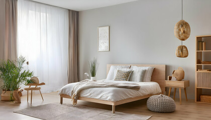 Serene Minimalist Bedroom with Abundant Greenery and Natural Light