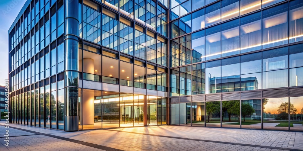 Poster modern glass facade of office building with sleek design and reflections of surrounding architecture