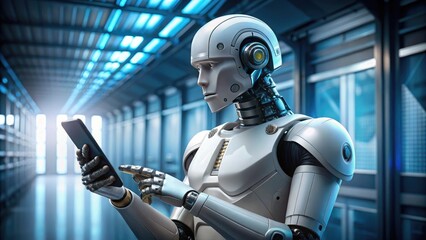 Hyper-realistic digital art of an Al robot holding a modern smartphone, its screen glowing with holographic data, in a futuristic cityscape