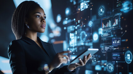 A Black woman interracting with a futuristic digital screen