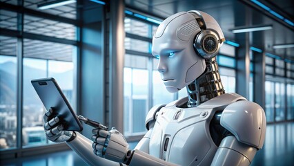 Hyper-realistic digital art of an Al robot holding a modern smartphone, its screen glowing with holographic data, in a futuristic cityscape