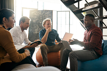Small business, people and home with laptop for creativity, collaboration and teamwork. Diversity,...
