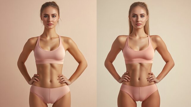 Two women are shown in a bikini, one with a very small waist