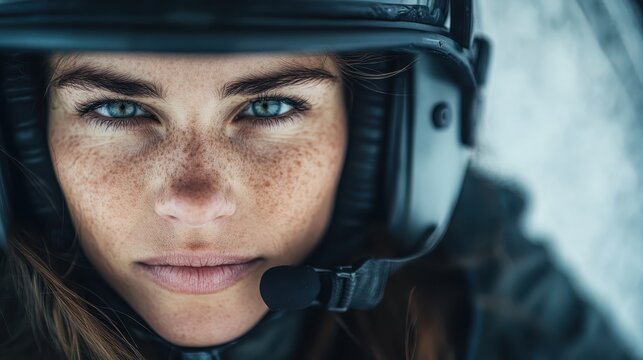 A close-up of a pilot wearing a helmet, capturing her determined and resolute expression. The background is blurred, focusing attention on her intense gaze and sense of purpose.