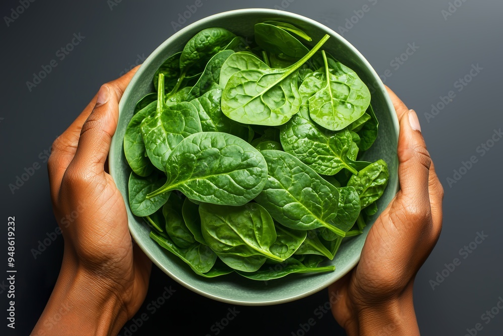 Wall mural a person is holding fresh spinach leaves in their hands, with a...