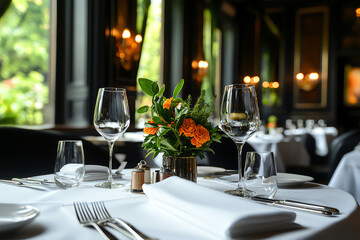 Fototapeta premium Elegant restaurant table setting featuring fine dining glassware and a lovely flower arrangement in a sophisticated atmosphere.