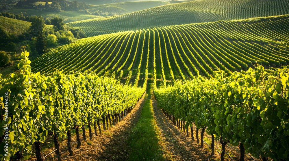 Poster 147. **a view of a vineyard with neat rows of grapevines and ripe grapes.