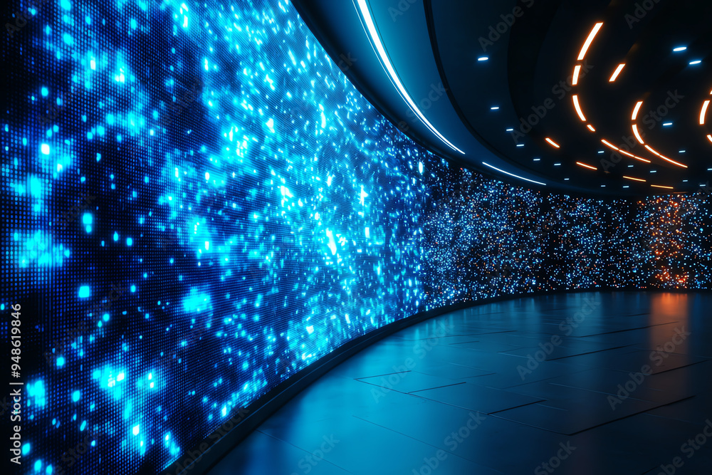 Poster futuristic digital wall illuminated with blue lights and glowing particles, creating a mesmerizing a