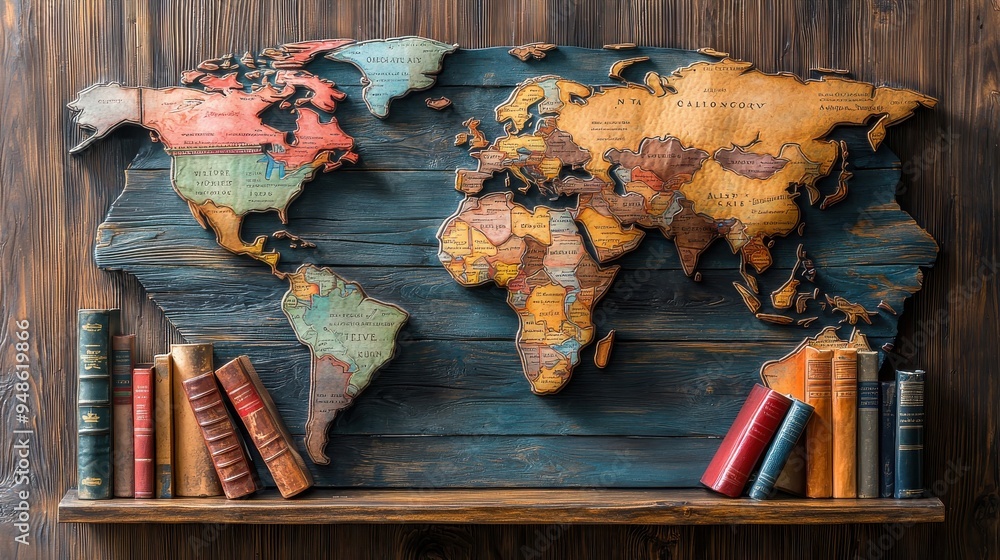 Aufkleber a bookshelf shaped like a map of the world, filled with books from different cultures. art style: ed