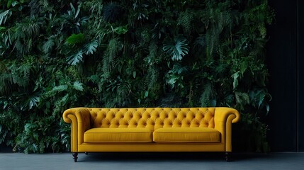 A vibrant yellow couch is placed in front of a lush, green vertical garden filled with various plants, creating a striking contrast and a sense of harmony with nature.