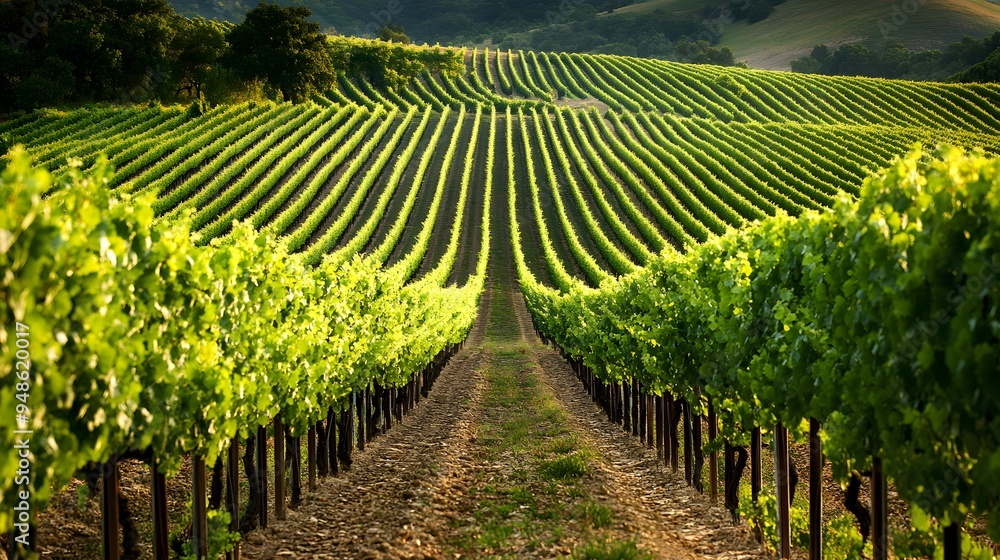 Poster 147. **a view of a vineyard with neat rows of grapevines and ripe grapes.