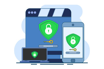 Security software concept that protects multiple digital devices from cyber attacks, Website is protected by access, Data privacy, flat vector illustration on background.