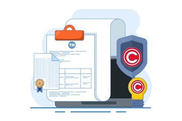 Concept of Trademark, Copyright and Patent Intellectual Property. copyright patent law, Copyright protected by law, patent protection, Intellectual property, Copyright symbol, Legal documents.