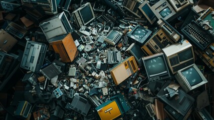 A vivid close up of a towering pile of electronic waste, showing an assortment of discarded monitors, keyboards, and other gadgets. The image highlights the intricate details of