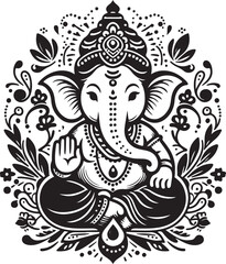 Indian God Ganapati Simple 2D Cute Single Characters with Silhouette Black and White Line Art with Low Details, Indian festival Ganesh Chaturthi black and White Lord Ganesh Character 
