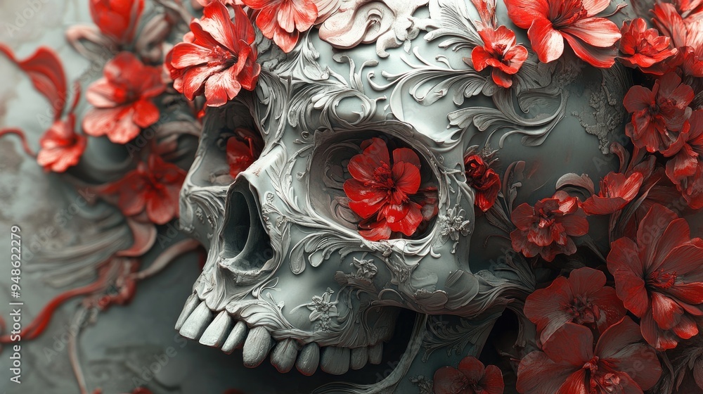 Poster Ornate Skull Adorned with Red Flowers