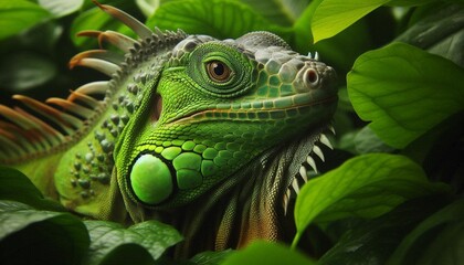 Obraz premium Bright Green Iguana Camouflaged Among Leaves