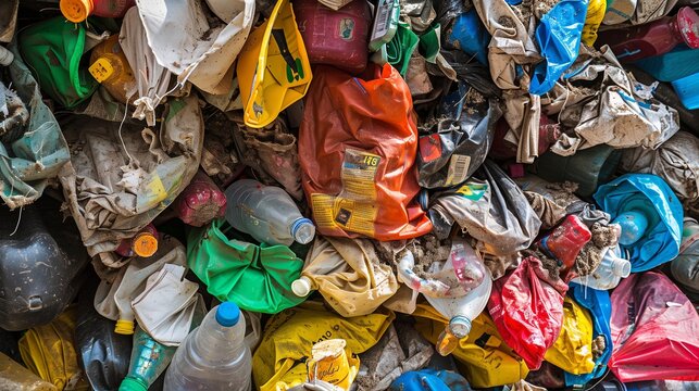 A vivid close up of a towering pile of plastic waste, showing an assortment of everyday items like bags, bottles, and food containers. The image highlights the intricate details of