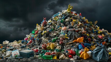Fototapeta premium An immense heap of plastic waste, composed of old toys, bags, bottles, and other discarded items, forming a towering mountain of refuse. The setting is an abandoned landfill with a