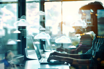 People working in an office with cloud graphics. Cloud storage concept