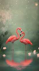  Two Pink Flamingos in a Serene Lake
