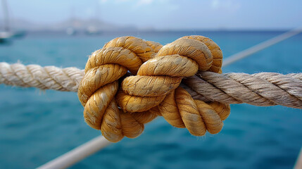 Fototapeta premium Close-Up of Rope Knot Symbolizing Strength and Connection at Sea with Boats in the Background