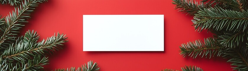 Obraz premium Blank white Christmas card mockup on red background with pine branches