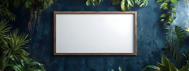 A mockup of an empty, blank wooden frame on the wall, framed with plants and greenery, hanging on a dark blue, stucco-textured background wall. Interior design, tropical jungle theme,