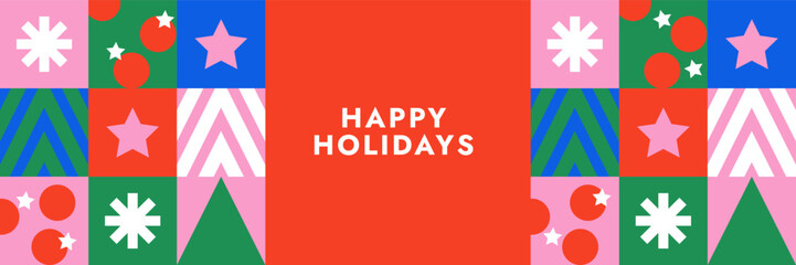Merry Christmas and Happy New Year greeting web banner or header, holiday cover, poster. Modern Xmas design in geometric style in green, red, pink, blue colors for ads, sales, print, season greetings
