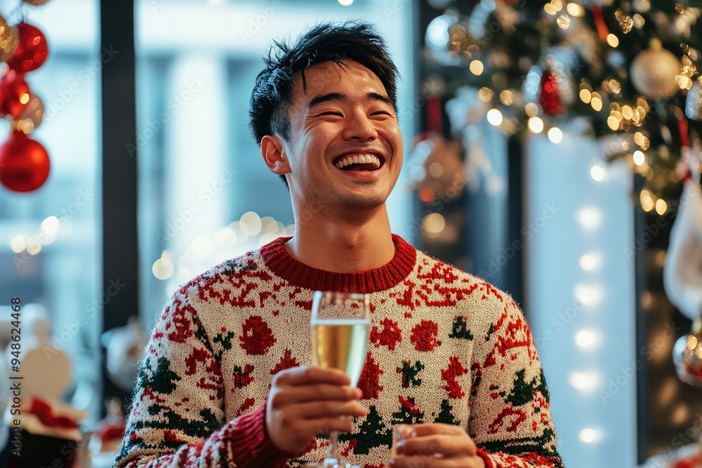 Wall mural joyful man in festive sweater celebrating with champagne