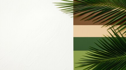 Palm tree summer color palette, lush greens and earthy browns, tropical swatch, isolated on white background