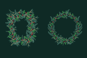 Wreath of red berries, leaves and pine needles, pinis leaf frame