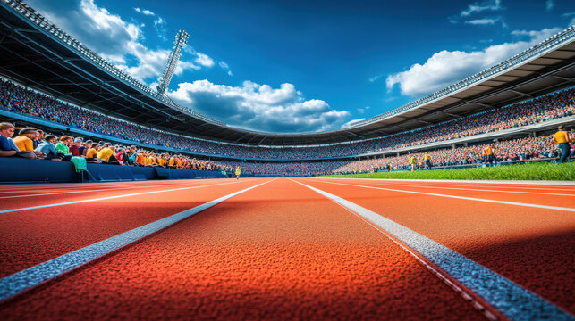 Vibrant view of a track during a sporting event, showcasing a sunny sky and an enthusiastic crowd in the background.