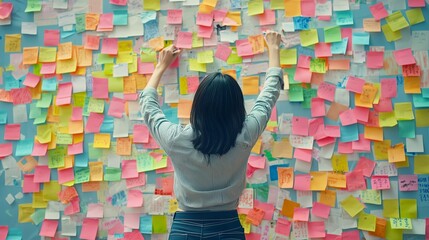A photo of an Asian woman in casual attire writing on colorful...